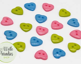 30 pcs Boutons en Forme de Coeur, Boutons Enfants, Boutons Bébé, 14mm, Bleu, Rose et Vert