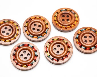 6 boutons en bois avec fil coloré, marron selle, diamètre 25 mm