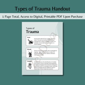 May include: A handout titled "Types of Trauma" with a green background. The handout describes three types of trauma: acute, chronic, and complex. Each type of trauma is defined with a brief description and an illustration.