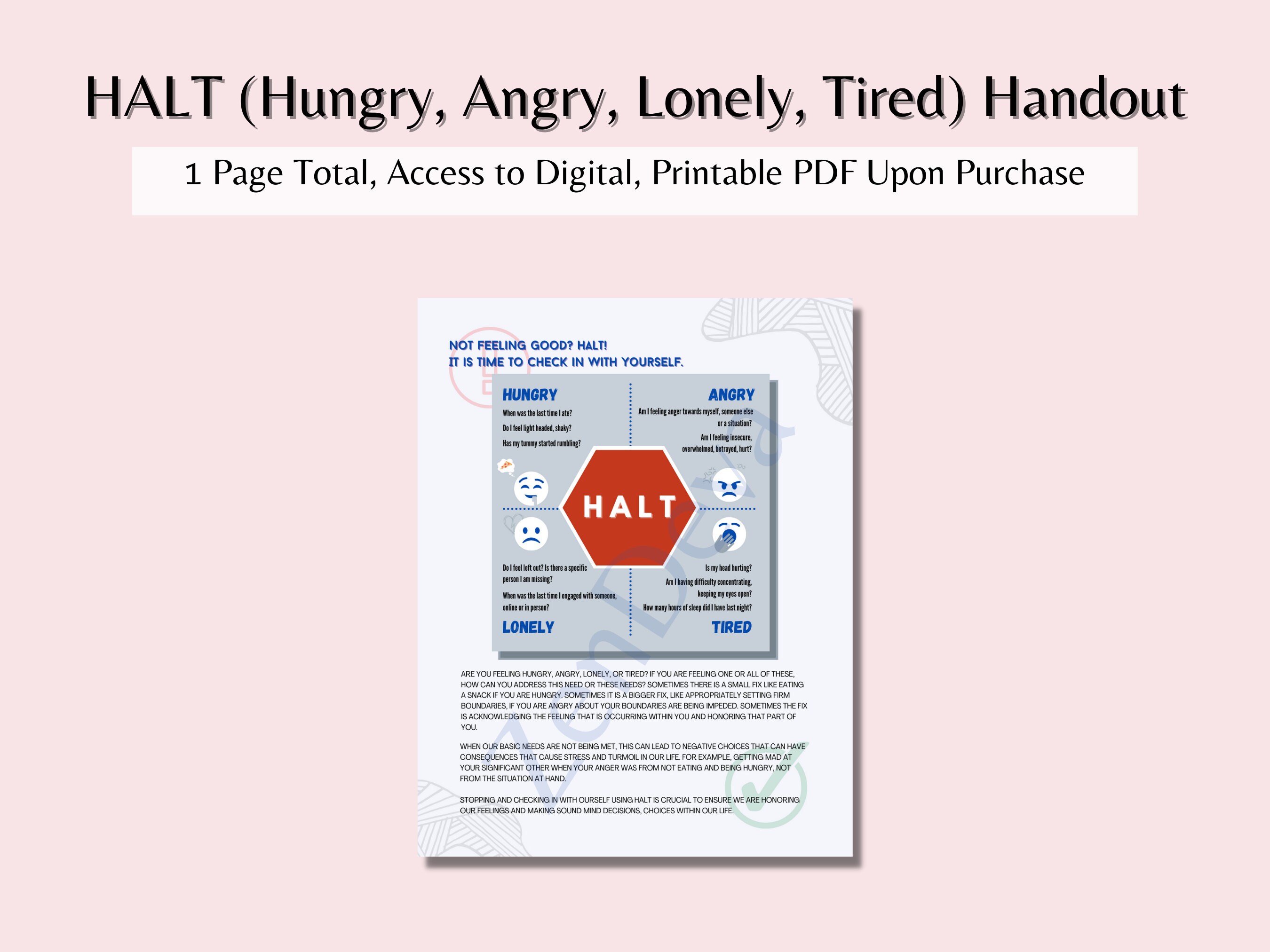 HALT (Hungry, Angry, Lonely, Tired) Handout - Therapist Tool and Aid