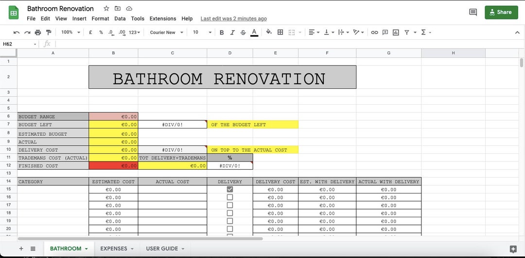Simple Bathroom Renovation Budget and Expenses Tracker Google Sheet ...