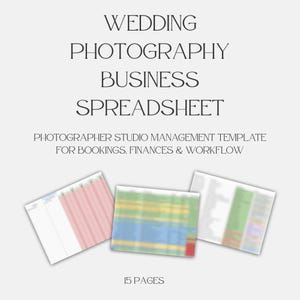Può includere: Un modello di foglio di calcolo per le aziende di fotografia di matrimoni. Il modello è progettato per aiutare i fotografi a gestire le loro prenotazioni, le loro finanze e il loro flusso di lavoro. Il modello include 15 pagine ed è mostrato in un'immagine sfocata.
