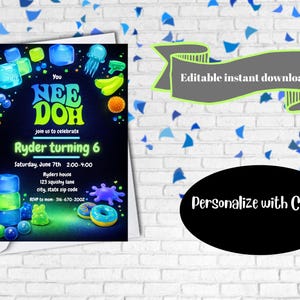 Peut inclure: Une carte d'invitation noire avec des graphiques vert néon et bleus, avec le texte "NEE DOH" et "Ryder turning 6". La carte comprend les détails de la fête et les phrases "Téléchargement instantané modifiable" et "Personnaliser avec Canva".