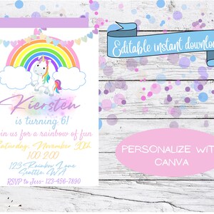 Unicorn Rainbow Kids Birthday Invitation