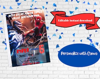 Könnte beinhalten: Editierbare Geburtstagseinladung mit Spider-Man und Venom. Die Einladung ist rot, blau und schwarz mit dem Text "WITH GREAT POWER COMES GREAT BIRTHDAY FUN" und "RYDER IS TURNING 5".