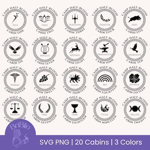 May include: Twenty circular designs with Greek mythology symbols and names, including Zeus, Hera, and Poseidon, each within a decorative border. The text "Camp Half-Blood" and cabin numbers are present. The image also includes the text "SVG PNG | 20 Cabins | 3 Colors".