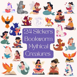 Schattige mythische wezens boekenwurm digitale stickers afdrukbare Instant Download zeemeermin Fairy Dragon Unicorn Phoenix Elf Journal Kindle-laptop