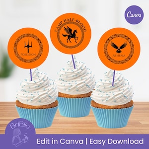 Percy Jackson Camp Half-Blood Cupcake Toppers Demigod Birthday Greek Mythology Gods Printable Canva Template Digital Download Book Lover
