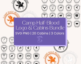 Könnte beinhalten: Ein digitales Bundle mit Logos und Kabinendesigns von Camp Half-Blood. Die Designs umfassen einen Pegasus, ein geflügeltes Pferd und Symbole, die verschiedene Hütten repräsentieren. Der Text lautet "Camp Half-Blood Logo & Cabins Bundle" und "SVG PNG | 20 Cabins | 3 Colors."