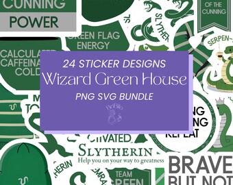 Wizard School Green House Sticker Bundle, Bookish Bundles Journal Kindle Laptop Stickers for Fantasy Magic Witch Book Lovers PNG SVG