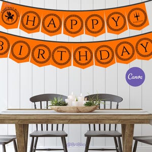 Banner di buon compleanno di Percy Jackson, Campo Mezzosangue, modello Canva, digitale, modificabile, stampabile, decorazione per feste, mitologia greca, dei, amanti dei libri