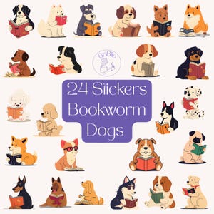 Adesivos digitais fofos para cães leitores de livros, para impressão instantânea, para amantes de livros, diário, Kindle, laptop, mala, planejador, iPad