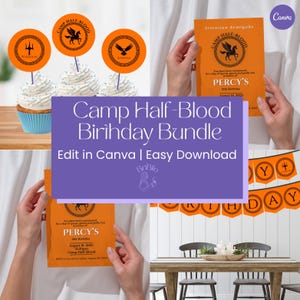 Convite de aniversário do Acampamento Meio-Sangue de Percy Jackson, banner, topper para cupcake, modelo Canva, digital, editável, para impressão, mitologia grega