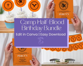 Percy Jackson Olympians Camp Half Blood Birthday Party Bundle, Canva Templates for Demigods and Greek Mythology Lovers