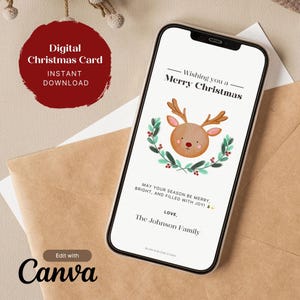 Aanpasbare Minimalistische Digitale Kerstkaart | Waterverf Illustratie Rendier | Schattig Modern | Directe Download, Verstuur naar Telefoon
