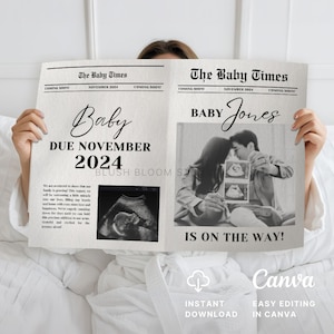 Newspaper baby announcement, Canva template, Newspaper pregnancy announcement, baby shower large newspaper baby coming soon, custom editable