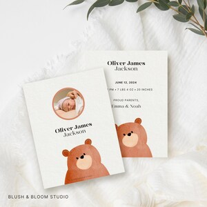 Tarjeta de anuncio de nacimiento para imprimir / Plantilla Canva fácilmente personalizable / Tarjeta de anuncio de bebé asequible / Linda ilustración de osito de peluche