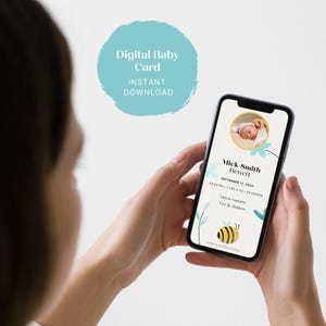 Anuncio de nacimiento digital / Plantilla Canva fácilmente personalizable / Tarjeta de anuncio de bebé / Diseño de niño / Con linda ilustración de abeja