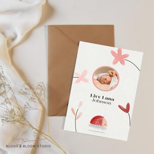 Tarjeta de anuncio de nacimiento para imprimir / Plantilla Canva fácilmente personalizable / Tarjeta de anuncio de bebé asequible / Linda ilustración de mariquita