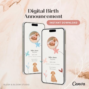 Digitale Geburtsanzeige | Einfach anpassbare Canva Vorlage | Babykarte | Sofortiger Download | Jungen und Mädchen | Hunde doodle design