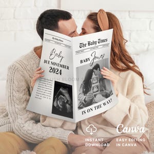 Newspaper pregnancy announcement Canva template, Newspaper baby announcement, baby shower large newspaper, baby coming soon, custom editable