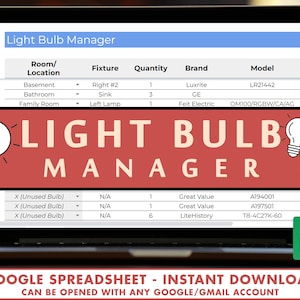 Organizador y rastreador de Light Bulb Manager / Plantilla simple de hoja de cálculo de Google