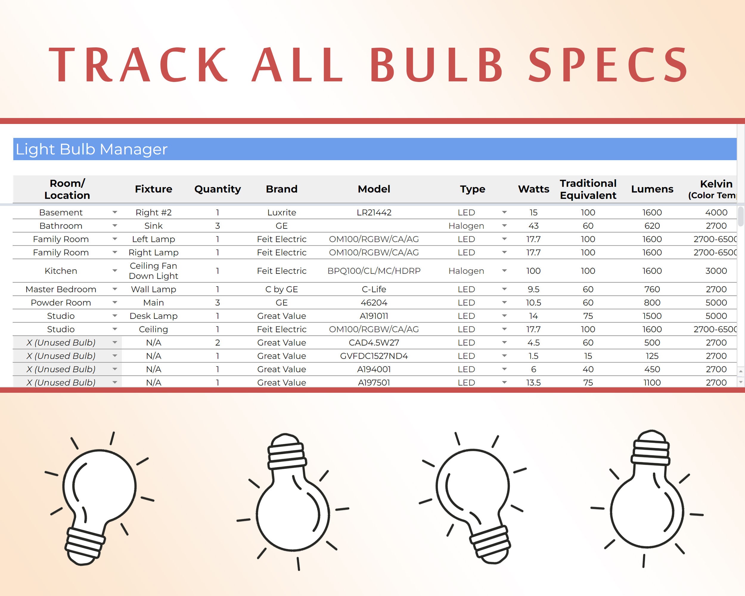 Light Bulb Manager Organizer and Tracker | Simple Google Spreadsheet ...