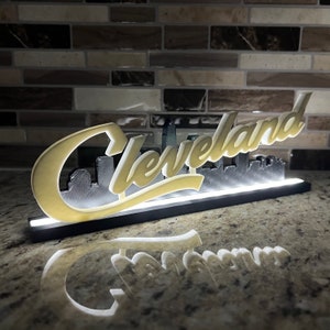 LED Light Up Cleveland Script w/ City Skyline Desktop Stand Sign Figure Battery Powered