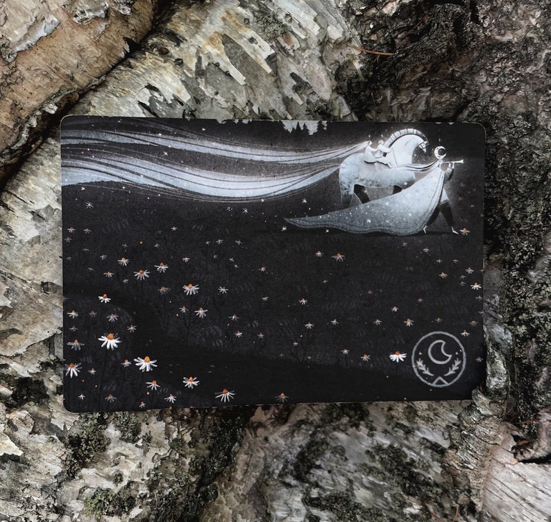 Puede incluir: Una tarjeta negra con una ilustraci&oacute;n blanca de una persona montando un caballo con una capa blanca que fluye. El fondo es azul oscuro con estrellas blancas y flores blancas. La tarjeta tiene un s&iacute;mbolo de luna creciente en la esquina inferior derecha.