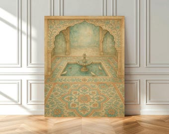 Könnte beinhalten: Ein Aquarellgemälde eines Brunnens in einem Innenhof mit komplizierten Fliesenarbeiten und floralen Mustern. Der Brunnen ist von einem Wasserbecken und zwei weißen Vögeln umgeben.