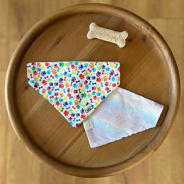 Iridescent Paw Reversible Over-the-Collar Pet Bandana / Gifts for Pet Owners / Rainbow Paw Prints