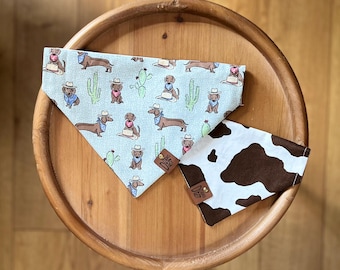 Howdy Reversible Pet Bandana - Cow Print Dachshund Cactus Western