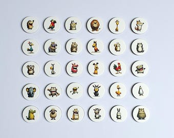 Mini flat round cardboard magnets funny animals theme, for whiteboard, planner, decor, for home or office use. Set of 30 magnets