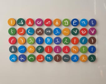 Mini flat round cardboard magnets yoga poses theme, for whiteboard, planner, decor, for home or office use. Set of 50 magnets