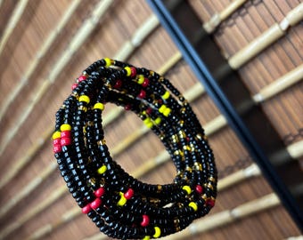 Handcrafted Waist Beads: Black, Red, Yellow, Gold Accents (Tie-On)