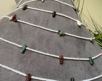 White and Jasper Waist Beads - Tie On Beaded Belly Chain