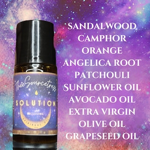 May include: A small glass bottle with a black cap and a blue label that says "Thee Sourcetress Solution Blessing Spiritual Oil". The label also lists the ingredients: Sandalwood, Camphor, Orange, Angelica Root, Patchouli, Sunflower Oil, Avocado Oil, Extra Virgin Olive Oil, and Grapeseed Oil.