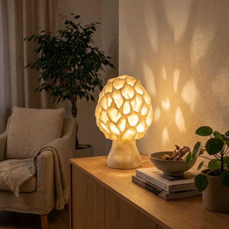 May include: A white mushroom-shaped table lamp with a textured, patterned shade. The lamp is illuminated, casting a warm glow. It sits on a wooden cabinet in a cozy living room setting, with plants and a neutral color scheme.