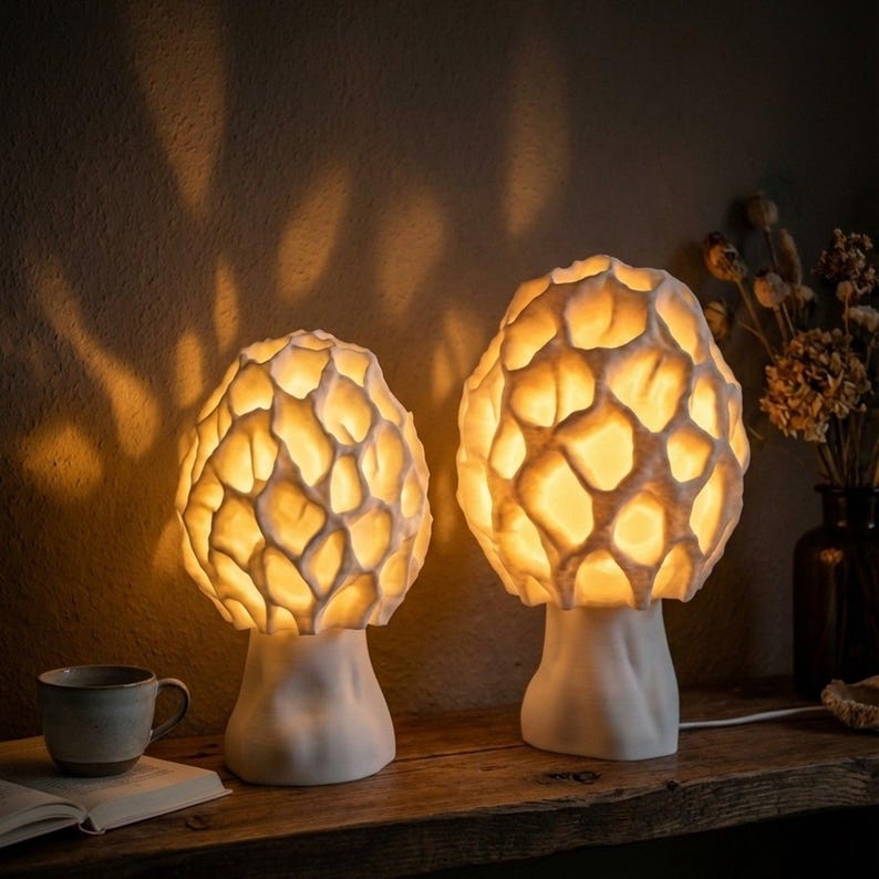 Mushroom Table Lamp, Morel 3D Printed Light with Honeycomb Texture, Unique Home Decor by Roomberry image 1