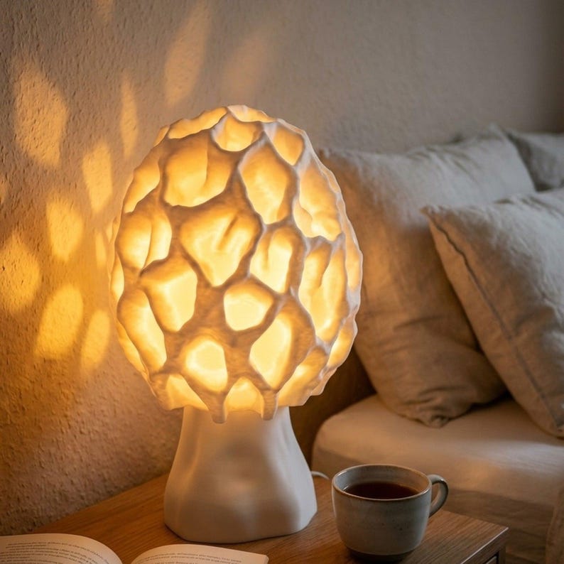 Mushroom Table Lamp, Morel 3D Printed Light with Honeycomb Texture, Unique Home Decor by Roomberry image 4