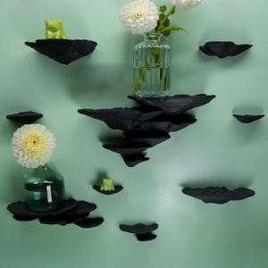 May include: A set of black, irregularly shaped wall shelves arranged on a light green wall. The shelves hold clear glass vases with white flowers and small green frog figurines. The shelves are designed to resemble floating islands.