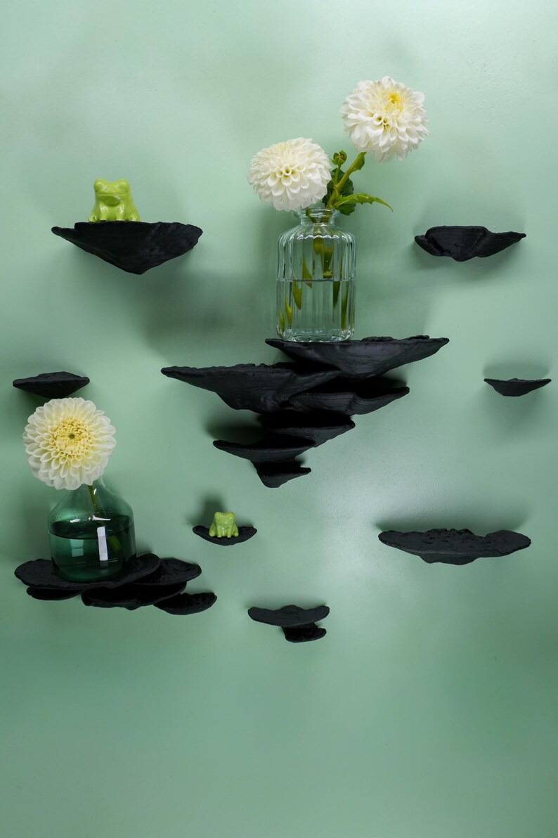 May include: A set of black, irregularly shaped wall shelves arranged on a light green wall. The shelves hold clear glass vases with white flowers and small green frog figurines. The shelves are designed to resemble floating islands.
