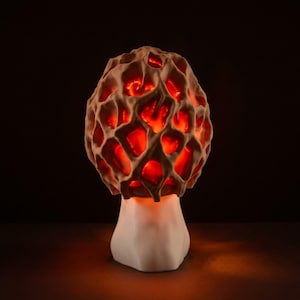 May include: A unique mushroom-shaped lamp with a textured, porous cap and a smooth, white base. The cap glows with a warm, red light, creating a cozy ambiance. The lamp is a decorative accent piece, perfect for adding a touch of nature-inspired design to any room.