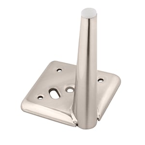 May include: A brushed nickel furniture leg with a square mounting plate. The leg is conical with a white plastic tip. The mounting plate has three screw holes and a keyhole slot.