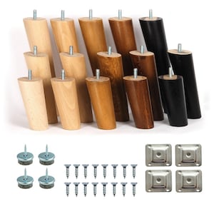 4x Wooden Angled Round Cone Tapered Furniture Legs Feet For Sofa Stool Chest M8 M10 Sanded Raw Various Colour Fixing Plates