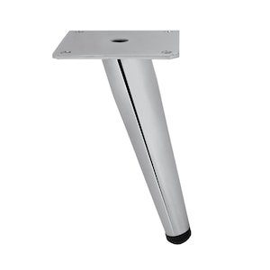 May include: A silver metal furniture leg with a square base and a black plastic tip.