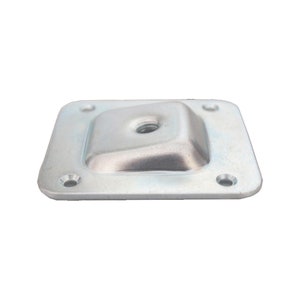May include: A silver metal square mounting plate with a threaded hole in the centre and four smaller holes around the edge.