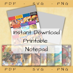 Puede incluir: Un bloc de notas imprimible con las portadas de la serie de libros de Harry Potter. El bloc de notas incluye el texto "Instant Download Printable Notepad" y está disponible en formatos PDF, SVG y PNG. El diseño muestra coloridas portadas de libros.