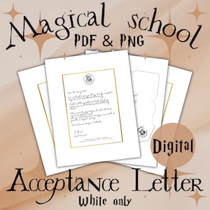 May include: A digital printable acceptance letter for a magical school. The letter is white with black text and a Hogwarts crest. The letter is accompanied by a white envelope with a green lining and a Hogwarts crest.