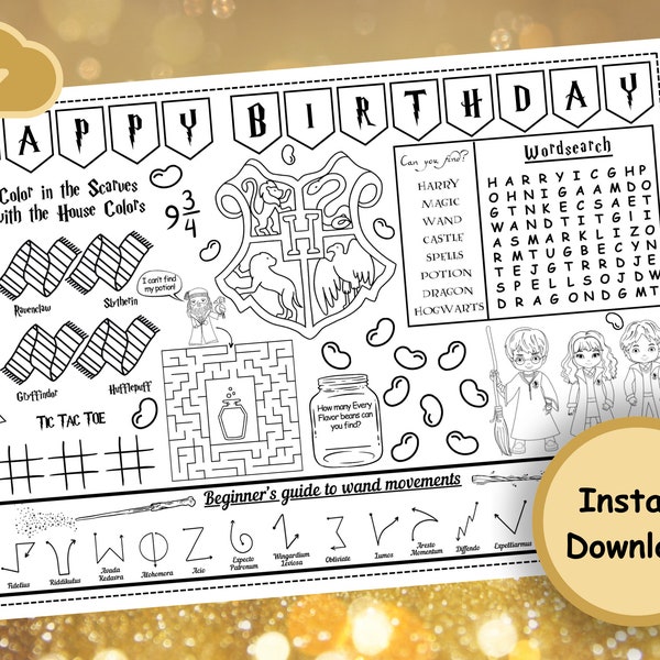 Wizard birthday party coloring placemat activity - Magical wizarding school activity sheet coloring pages for kids and adults.